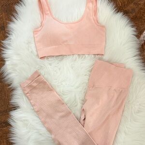 Amazon Essentials Pink Ribbed Sports Bra and Leggings Set